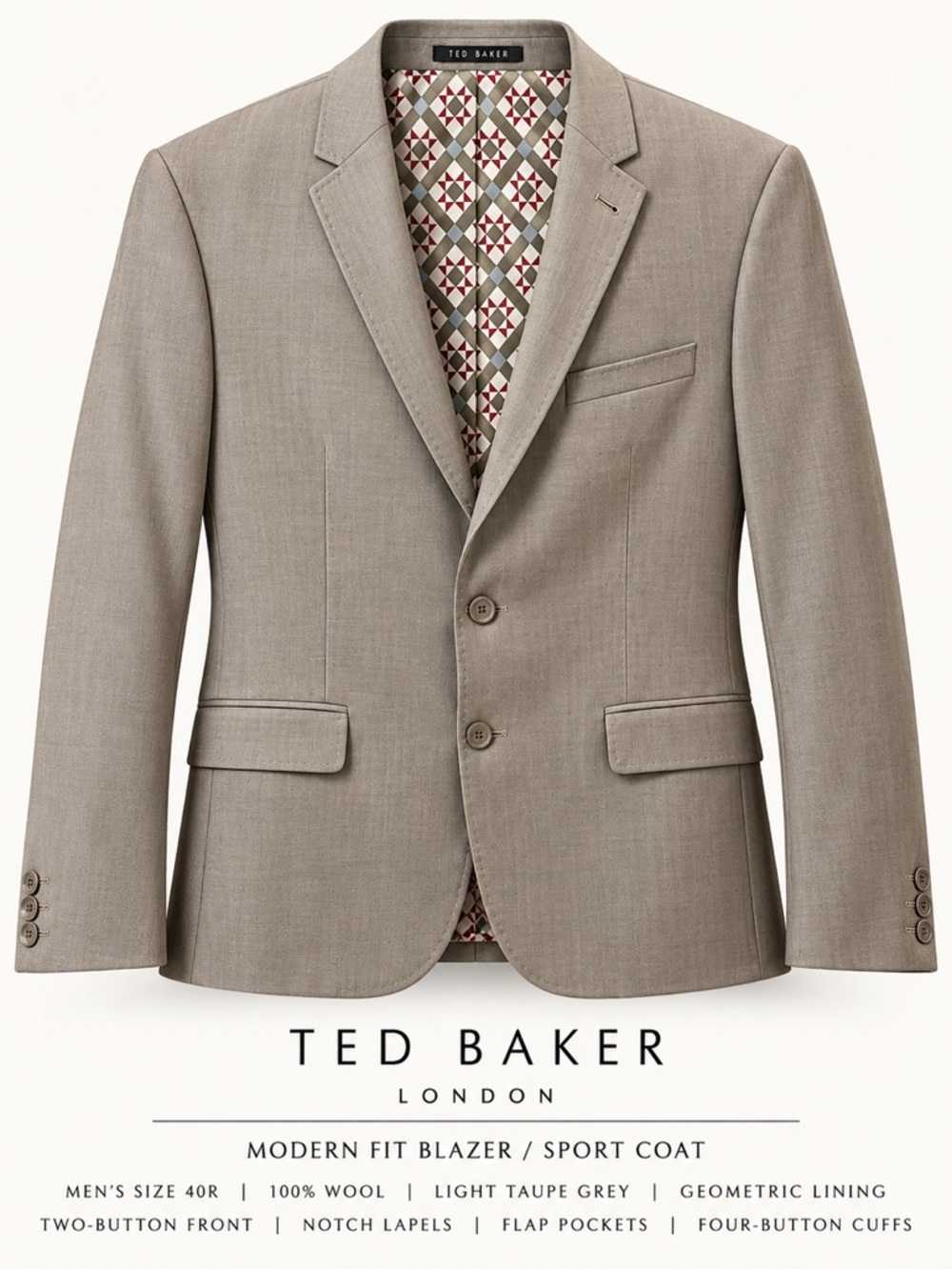 Ted Baker Light Taupe Grey Modern Fit Blazer with Geometric Lining